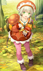 Rule 34 | 1girl, :d, absurdres, autumn leaves, backpack, bag, blush, boots, collarbone, green eyes, hat, highres, jewelry, leaning forward, looking at viewer, low twintails, momoiro taisen pairon, mushroom, namaru (summer dandy), necklace, official art, open mouth, original, outdoors, pantyhose, pink pantyhose, seed, skirt, smile, solo, twintails, white hair