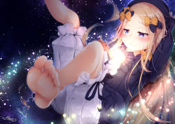 Rule 34 | 1girl, abigail williams (fate), barefoot, black bow, black dress, black headwear, blonde hair, bloomers, blue eyes, blush, bow, closed mouth, dress, e-note, fate/grand order, fate (series), feet, forehead, hair bow, legs, long hair, long sleeves, multiple hair bows, orange bow, parted bangs, polka dot, polka dot bow, ribbed dress, sky, smile, soles, solo, star (sky), starry sky, stuffed animal, stuffed toy, teddy bear, toes, underwear, white bloomers