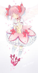 Rule 34 | 1girl, absurdres, angel wings, bubble skirt, choker, closed eyes, collarbone, dress, full body, gloves, hair ribbon, higeneko, highres, interlocked fingers, kaname madoka, kneehighs, magical girl, mahou shoujo madoka magica, mahou shoujo madoka magica (anime), own hands clasped, own hands together, petals, pink hair, puffy short sleeves, puffy sleeves, revision, ribbon, short sleeves, skirt, smile, socks, solo, soul gem, twintails, white gloves, white socks, wings