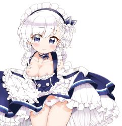 Rule 34 | 1girl, alternate breast size, arato asato, azur lane, bad id, bad pixiv id, belfast (azur lane), blue eyes, blush, bow, bow panties, bowtie, braid, breasts, cleavage, clothes lift, collarbone, commentary request, dress, dress lift, elbow gloves, eyes visible through hair, frills, gloves, highres, lifting own clothes, little bel (azur lane), long hair, looking at viewer, maid, maid headdress, nipples, one side up, panties, pink bow, silver hair, simple background, skirt, skirt lift, smile, solo, thigh gap, thighs, underwear, white background, white gloves, white panties
