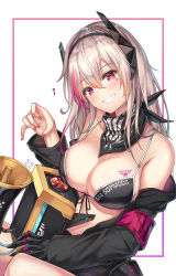 Rule 34 | 1girl, alternate costume, armband, banana (girls&#039; frontline), bandana, bare shoulders, bikini, bikini top only, black bikini, black coat, breast tattoo, breasts, cenangam, cleavage, clothes writing, coat, commentary, dinergate (girls&#039; frontline), fang, flying sweatdrops, front-tie bikini top, front-tie top, girls&#039; frontline, grin, hair ornament, head tilt, heart, heart-shaped pupils, heart tattoo, large breasts, long hair, long sleeves, looking at viewer, m4 sopmod ii (girls&#039; frontline), multicolored hair, musical note, nail polish, off shoulder, parted lips, pink hair, red eyes, red nails, silver hair, simple background, smile, solo, spoilers, streaked hair, swimsuit, symbol-shaped pupils, tattoo, two-tone hair