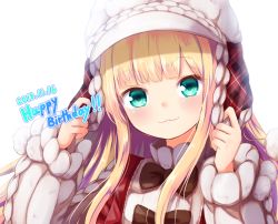 Rule 34 | 1girl, :3, aran sweater, baram, blonde hair, blush, bow, brown bow, cable knit, closed mouth, commentary request, dated, green eyes, hands up, happy birthday, hat, head tilt, long hair, long sleeves, looking at viewer, mononobe alice, mononobe alice (4th costume), nijisanji, plaid, puffy long sleeves, puffy sleeves, simple background, sleeves past wrists, smile, solo, sweater, upper body, virtual youtuber, white background, white hat, white sweater