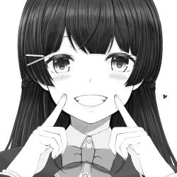 Rule 34 | 1girl, absurdres, blazer, bow, braid, collared shirt, dress shirt, fingernails, fingers to mouth, greyscale, grin, hair ornament, hairclip, hands up, highres, jacket, long hair, long sleeves, monochrome, nijisanji, portrait, school uniform, shirt, simple background, smile, solo, temari rin, tsukino mito, tsukino mito (1st costume), virtual youtuber, white background
