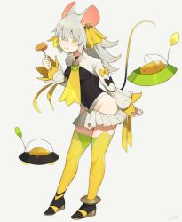 Rule 34 | 1girl, absurdres, animal ears, black bow, black leotard, blush, bow, brown eyes, cheese, closed mouth, commentary request, eyebrows hidden by hair, flying saucer, food, food on face, fork, full body, grey background, grey hair, groin, hair between eyes, hair ribbon, highres, holding, holding fork, leotard, light smile, long hair, long sleeves, looking at viewer, mouse ears, mouse girl, mouse tail, original, pleated skirt, ribbon, shibainu, shrug (clothing), simple background, skirt, sleeves past wrists, solo, spacecraft, standing, tail, thighhighs, ufo, white skirt, wide sleeves, yellow bow, yellow ribbon, yellow thighhighs