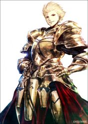 Rule 34 | 1boy, armor, black border, blonde hair, border, breastplate, commentary request, cowboy shot, earrings, fate/stay night, fate (series), faulds, gilgamesh (fate), gold armor, greaves, grin, hair slicked back, hands on own hips, jewelry, k-suwabe, looking at viewer, male focus, parted lips, pauldrons, red eyes, shoulder armor, simple background, smile, solo, standing, twitter username, waist cape, white background