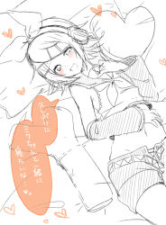 Rule 34 | 1girl, armpits, bare shoulders, bed, blush, bow, clothes lift, detached sleeves, fang, flat chest, greyscale, groin, hair bow, hair ornament, hairclip, hand on own chest, hand on own stomach, headphones, headset, heart, heart-shaped pillow, kagamine rin, leg warmers, looking at viewer, lying, midriff, monochrome, navel, on back, open clothes, open fly, open mouth, open shorts, pillow, sailor collar, seductive smile, shirt lift, short hair, shorts, sketch, smile, solo, spoken heart, spring onion, stuffed toy, sudachi (calendar), translation request, treble clef, unbuttoned, unzipped, vocaloid, yuri