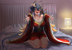 Rule 34 | 1girl, ahoge, azur lane, bare shoulders, bed, black hair, blush, breasts, cleavage, crossed bangs, hair between eyes, happy, heart, hey taisyou, highres, lamp, large breasts, long hair, looking at viewer, open mouth, outstretched arms, red eyes, smile, solo, spoken heart, taihou (azur lane), yes-no pillow