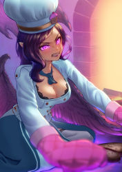 Rule 34 | 1girl, absurdres, black wings, breasts, buttons, chef, chef hat, cleavage, double-breasted, fang, food, hat, highres, indoors, kyu ire ne, large breasts, league of legends, long hair, long sleeves, low wings, mittens, morgana (league of legends), official alternate costume, pink eyes, pointy ears, purple hair, seiza, sinful succulence morgana, sitting, solo, tears, teeth, wings