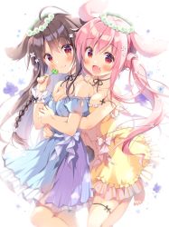 Rule 34 | 2girls, :d, ahoge, animal ears, bare shoulders, barefoot, blue dress, blue flower, blush, bow, braid, breasts, brown hair, cleavage, closed mouth, clover, commentary request, detached sleeves, dress, fang, flower, flower wreath, four-leaf clover, frilled dress, frills, hair flower, hair ornament, hand up, head wreath, holding, holding clover, hug, hug from behind, long hair, medium breasts, multiple girls, open mouth, original, pan (mimi), pink hair, purple flower, rabbit ears, rabbit girl, rabbit tail, red eyes, smile, standing, standing on one leg, strapless, strapless dress, tail, twintails, very long hair, white background, white bow, white flower, wrist cuffs, yellow dress