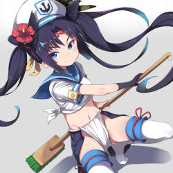 Rule 34 | 1girl, alternate costume, black gloves, black hair, blue eyes, dutch angle, fate/grand order, fate (series), flower, fundoshi, gamuo, gloves, hair flower, hair ornament, hat, japanese clothes, long hair, looking at viewer, mop, parted bangs, rope, sailor, sailor collar, sailor hat, shirt, smile, solo, squatting, thighhighs, tied shirt, twintails, ushiwakamaru (fate), very long hair, white thighhighs
