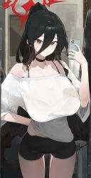Rule 34 | 1girl, absurdres, alternate costume, arm behind back, black bra, black choker, black hair, black shorts, black wings, blue archive, blush, bra, bra strap, bra visible through clothes, breasts, cellphone, choker, collarbone, commentary, feathered wings, halo, hasumi (blue archive), highres, holding, holding phone, huge breasts, kji (rozo), long hair, long hair between eyes, looking at viewer, mole, mole under eye, off-shoulder shirt, off shoulder, phone, ponytail, red eyes, selfie, shirt, short shorts, shorts, solo, standing, underwear, very long hair, white shirt, wings
