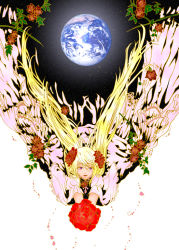 Rule 34 | blonde hair, bouquet, earth (planet), flower, ginsanno1, long hair, original, planet, purple eyes, solo, space, twintails, very long hair