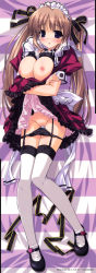 Rule 34 | 1girl, absurdres, black bra, black panties, blue eyes, bra, bra lift, breasts, brown hair, cleavage, clothes lift, copyright request, dakimakura (medium), dress, full body, garter straps, highres, image sample, large breasts, maid, maid headdress, nipples, open clothes, open dress, panties, panty pull, petticoat, scan, shintarou, shoes, skirt, skirt lift, solo, striped, striped background, thighhighs, twintails, underwear, white thighhighs