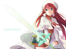 Rule 34 | 1girl, aty, aty (summon night), beret, blue eyes, hat, long hair, oxo, red hair, simple background, smile, solo, summon night, summon night 3, sword, weapon, white background