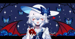 Rule 34 | 1girl, :d, ^ ^, black choker, blue bow, bow, bug, butterfly, choker, closed eyes, commentary request, demon wings, dress, facing viewer, fangs, hair between eyes, hand up, hat, hat bow, highres, holding, horns, insect, letterboxed, open mouth, original, outside border, sailor collar, sheya, short hair, smile, solo, sparkle, straight-on, syringe, upper body, white dress, white hair, white hat, white sailor collar, wings