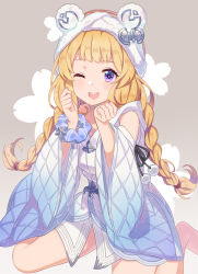 Rule 34 | 1girl, bathrobe, blonde hair, blush, braid, cagliostro (granblue fantasy), commentary request, detached sleeves, fleur-de-lis, floral background, floral print, granblue fantasy, grey background, hairband, jiman, long hair, looking at viewer, low twin braids, one eye closed, pom pom (clothes), purple eyes, scrunchie, sitting, smile, solo, twin braids, wariza, wide sleeves, wrist scrunchie