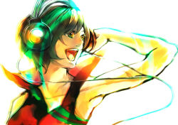 Rule 34 | 1girl, armpits, bad id, bad pixiv id, colorful, headphones, kane, kojijima, meiko (vocaloid), music, open mouth, short hair, simple background, smile, solo, vocaloid, white background