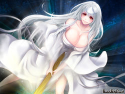 Rule 34 | 1girl, bare shoulders, breasts, brown eyes, collarbone, copyright name, dress, large breasts, long hair, looking at viewer, motion blur, official art, pandora party project, smile, standing, usagiya koharu, very long hair, white dress, white hair
