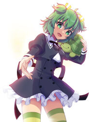 Rule 34 | 1girl, assault lily, black ribbon, black skirt, buttons, c-chrone, commentary request, commission, cowboy shot, cropped jacket, fang, fingernails, frilled skirt, frills, gradient background, green eyes, green hair, green thighhighs, hair between eyes, hair ribbon, hand up, high-waist skirt, highres, holding, holding stuffed toy, juliet sleeves, long sleeves, looking at viewer, miniskirt, multicolored thighhighs, neck ribbon, open mouth, outstretched arm, pixiv commission, puffy sleeves, reaching, reaching towards viewer, ribbon, school uniform, shirt, short hair, skirt, smile, solo, standing, stuffed animal, stuffed toy, stuffed turtle, thighhighs, two side up, white background, white shirt, yellow background, yellow ribbon, yellow thighhighs, yoshimura thi mai, yurigaoka girls academy school uniform