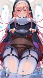 Rule 34 | 1girl, absurdres, amahara subaru, black dress, black panties, blush, breasts, closed mouth, clothes lift, covered navel, crop top, dress, dress lift, elf, from behind, hair between eyes, highres, large breasts, lifted by self, long hair, looking at viewer, nun, original, panties, pantyhose, petals, pink hair, pointy ears, red eyes, solo, thigh gap, thigh strap, thighhighs, underwear, veil, very long hair, white pantyhose