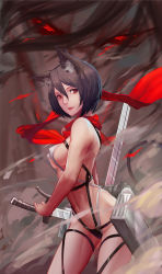 Rule 34 | 1girl, absurdres, animal ears, bad id, bad pixiv id, black hair, breasts, covered erect nipples, eren yeager, heihei de hei yan long, highres, kemonomimi mode, lips, looking at viewer, medium breasts, mikasa ackerman, muscular, red eyes, revealing clothes, scarf, shingeki no kyojin, short hair, slingshot swimsuit, solo, swimsuit, three-dimensional maneuver gear