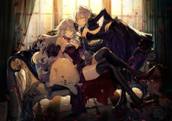 Rule 34 | 2girls, alternate breast size, artoria pendragon (all), artoria pendragon (fate), bare shoulders, bent over, black dress, black legwear, blonde hair, bow, bowtie, braid, breasts, cleavage, couch, cup, detached sleeves, dog, dress, drinking glass, elbow gloves, fate/grand order, fate (series), flower, formal, gloves, hair flower, hair ornament, high heels, jeanne d&#039;arc (fate), jeanne d&#039;arc alter (avenger) (fate), jeanne d&#039;arc alter (fate), crossed legs, long hair, looking at viewer, multiple girls, neck ribbon, nozaki tsubata, official alternate costume, petals, purple dress, ribbon, rose petals, saber alter, silver hair, sitting, smile, sparkle, thighhighs, vase, very long hair, window, wine glass, yellow eyes