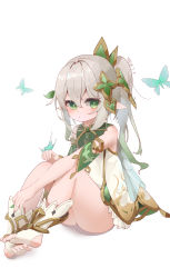Rule 34 | 1girl, absurdres, bare shoulders, blush, bug, butterfly, dress, feet, genshin impact, green eyes, highres, insect, kele mimi, looking at viewer, multicolored hair, nahida (genshin impact), no pants, pointy ears, ponytail, smile, soles, solo, toeless legwear, toes, white hair
