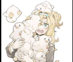 Rule 34 | 1girl, akechi (826988799), black jacket, blonde hair, blue eyes, blue hairband, hairband, holding, holding stuffed toy, jacket, looking at viewer, matilda bouanich, medium hair, object on head, one eye covered, one side up, open mouth, reverse:1999, shirt, solo, stuffed animal, stuffed duck, stuffed toy, too many, upper body, v-shaped eyebrows, white background, white shirt