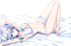 Rule 34 | 1girl, arched back, armpits, arms up, bare legs, barefoot, bed sheet, blue bra, blue eyes, blue panties, bow, bra, braid, breasts, bridal garter, female focus, hair bow, hong (white spider), izayoi sakuya, legs, light smile, looking at viewer, lying, messy hair, navel, on back, panties, short hair, silver hair, small breasts, solo, thigh strap, thighs, touhou, twin braids, underwear, underwear only, white bra