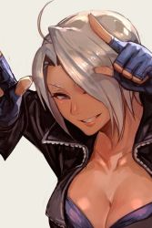 Rule 34 | 1girl, ahoge, angel (kof), bandeau, blue eyes, breasts, cleavage, collarbone, horns pose, fingerless gloves, gloves, hair intakes, hair over one eye, hungry clicker, jacket, large breasts, short hair, silver hair, simple background, snk, solo, the king of fighters