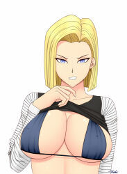 Rule 34 | 1girl, android 18, angry, bikini, blonde hair, blue eyes, clenched teeth, clothes lift, dragon ball, dragonball z, lifted by self, looking at viewer, shirt lift, solo, swimsuit, teeth, tsuki riven