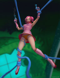 Rule 34 | 1girl, arm up, armpits, artist name, blue eyes, blurry, blurry background, boots, breasts, cameltoe, covered erect nipples, dress, dual wielding, earpiece, energy gun, female focus, finger on trigger, forehead, full body, gloves, green background, gun, hand up, handgun, headphones, high heels, highres, holding, holding gun, holding weapon, knee boots, legs, lips, lipstick, makeup, medium breasts, orange panties, panties, pantyshot, parted lips, partially visible vulva, pink dress, pink footwear, pink gloves, pink hair, pink lips, ray gun, restrained, short dress, short hair, sidelocks, skindentation, sleeveless, sleeveless dress, smoke, smoking gun, solo, space channel 5, teeth, tentacles, thigh strap, thighs, totesfleisch8, trembling, twintails, ulala, underwear, upskirt, watermark, weapon