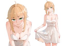 1girl absurdres aged_up ahoge babywipes breasts commentary cowboy_shot dress english_commentary eyelashes green_eyes highres large_breasts leaning_forward looking_at_viewer multiple_views mushoku_tensei norn_greyrat sidelocks simple_background skirt_hold smile spaghetti_strap thighs upper_body white_background white_dress