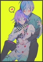Rule 34 | 2boys, alternate hair color, black border, blood, border, buttons, checkered clothes, checkered scarf, closed mouth, danganronpa (series), danganronpa v3: killing harmony, double-breasted, grey jacket, hair between eyes, heart, highres, jacket, jewelry, knee up, long sleeves, male focus, medium hair, multiple boys, oma kokichi, parted lips, pink blood, pink hair, rina (crystalrina), ring, saihara shuichi, scarf, short hair, simple background, smile, spoken heart, striped clothes, striped jacket, teeth, yaoi, yellow background