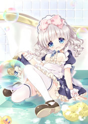 Rule 34 | 1girl, :d, bath, bathroom, blue eyes, bow, breasts, bubble, clumsy, fallen down, fang, foam, grey hair, hair bow, highres, indoors, looking at viewer, maid, maid headdress, mary janes, midoriko (mochitotamasan), moe2015, open mouth, original, rubber duck, shoe soles, shoes, smile, solo, sponge, tears, thighhighs, tile wall, tiles, tooth, wavy mouth, white thighhighs