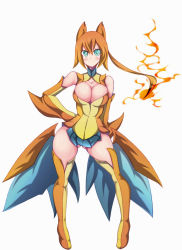 Rule 34 | 1girl, bare shoulders, blue eyes, breasts, center opening, charizard, cleavage, creatures (company), detached sleeves, dress, fire, full body, game freak, gen 1 pokemon, hand on own hip, highres, large breasts, long hair, mega charizard y, mega pokemon, nintendo, orange hair, personification, pokemon, ponytail, short dress, solo, xiaoking