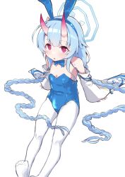Rule 34 | 1girl, alternate costume, animal ear hairband, blue archive, blue bow, blue bowtie, blue hair, blue halo, blue leotard, bow, bowtie, braid, breasts, chise (blue archive), cleavage, commentary request, detached collar, detached sleeves, halo, highres, horns, kurosaki kousuke, leotard, long hair, oni, open mouth, pantyhose, playboy bunny, rabbit ear hairband, rabbit ears, red eyes, red horns, sitting, sleeves past wrists, small breasts, strapless, strapless leotard, twin braids, very long hair, white pantyhose, white sleeves
