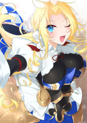 Rule 34 | 1girl, ;d, absurdres, animal ears, arm up, armor, black bodysuit, blonde hair, blue eyes, bodysuit, boobplate, braid, breastplate, breasts, centaur, commentary request, cowboy shot, french braid, highres, horse ears, large breasts, long hair, looking at viewer, mari (rodoney-kiara), monster girl, monster musume no oisha-san, one eye closed, open mouth, parted bangs, partial commentary, red ribbon, ribbon, saddle, shrug (clothing), sidelocks, smile, solo, sparkle, standing, taur, tisalia scythia, twitter username