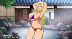 Rule 34 | 1girl, armpits, arms up, ass, bikini, blonde hair, blush, breasts, brown eyes, cleavage, cowboy shot, curvy, deep skin, facial mark, forehead, highres, huge ass, huge breasts, large breasts, lordjackson art, micro bikini, naruto, naruto (series), naruto shippuuden, navel, onsen, open mouth, skindentation, solo, standing, swimsuit, thick thighs, thighs, tsunade (naruto), white background, wide hips