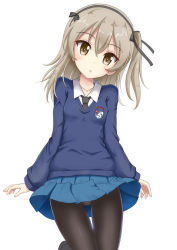 Rule 34 | 1girl, :o, black bow, black footwear, black hairband, black necktie, blue skirt, blue sweater, blush, bow, brown eyes, brown hair, brown pantyhose, collarbone, collared shirt, commentary request, emblem, female focus, flipper, girls und panzer, gluteal fold, hair between eyes, hair bow, hairband, head tilt, long hair, long sleeves, necktie, one side up, panties, panties under pantyhose, pantyhose, parted lips, pleated skirt, school uniform, shimada arisu, shirt, simple background, skirt, sleeves past wrists, solo, st. gloriana&#039;s (emblem), st. gloriana&#039;s school uniform, sweater, thigh gap, underwear, white background, white shirt