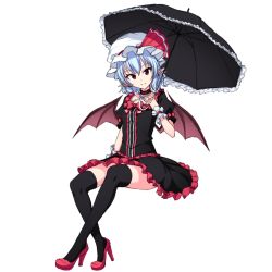 Rule 34 | 1girl, alternate costume, bat wings, black dress, black thighhighs, blue hair, blush, choker, criss-cross halter, dress, frills, full body, gothic lolita, halterneck, halterneck, hat, hat ribbon, head tilt, high heels, holding, holding umbrella, invisible chair, junior27016, lolita fashion, looking at viewer, mob cap, parasol, pointy ears, puffy short sleeves, puffy sleeves, red eyes, red footwear, remilia scarlet, ribbon, shoes, short hair, short sleeves, simple background, sitting, smile, solo, thighhighs, touhou, umbrella, white background, wings, wrist cuffs