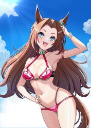 Rule 34 | 1girl, :d, adapted costume, animal ears, arm strap, arm up, armpits, bare shoulders, bikini, blue eyes, blue sky, bracelet, breasts, brown hair, cleavage, cloud, collarbone, commentary request, cowboy shot, day, ear ornament, hand on own hip, highleg, highleg bikini, highres, horse ears, horse girl, horse tail, jewelry, kawakami princess (umamusume), long hair, looking at viewer, medium breasts, multi-strapped bikini, navel, open mouth, parted bangs, pink bikini, sidelocks, sky, smile, solo, standing, stomach, sunlight, swimsuit, tail, tsukiyuki mike, umamusume