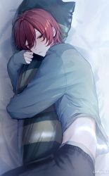 Rule 34 | 1boy, bed, black eyes, blush, closed mouth, from side, highres, hiiragi hiiro, hug, looking away, lying, male focus, midriff, hugging object, on side, original, pillow, pillow hug, red hair, short hair, signature, solo, sweater