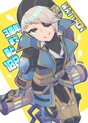 Rule 34 | 1girl, animification, apex legends, black headwear, black jacket, black pants, black shirt, brown gloves, bungaw, character name, deep current wattson, eyepatch, from above, gloves, grey hair, head tilt, highres, jacket, knee pads, lightning bolt symbol, looking up, one eye covered, pants, shirt, sitting, solo, wattson (apex legends), yellow eyes