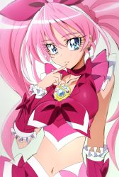 Rule 34 | 1girl, absurdres, blue eyes, breasts, brooch, choker, commentary request, cure melody, earrings, finger to mouth, heart, heart earrings, highres, houjou hibiki, jewelry, long hair, looking at viewer, magical girl, medium breasts, midriff, navel, oimanji, pink hair, precure, red choker, solo, suite precure, twintails