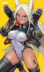 Rule 34 | 1girl, :d, animal ears, arms up, barcode, barcode tattoo, black jacket, boku no hero academia, breasts, clothing cutout, dark-skinned female, dark skin, highleg, highleg leotard, highres, jacket, knee up, leotard, long eyelashes, long hair, looking at viewer, mechanical arms, mechanical legs, medium breasts, mirko, open mouth, parted bangs, rabbit ears, rabbit girl, rabbit pose, rabbit tail, red eyes, signature, smile, solo, spoilers, sunao (70 the), tail, tail through clothes, tattoo, teeth, thighhighs, thighs, turtleneck, very long hair, white hair, white leotard, yellow background