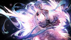 Rule 34 | 1girl, black skirt, blue eyes, blue hair, blue nails, blurry, blurry background, breasts, depth of field, hatsune miku, highres, holding, layered skirt, lengchan (fu626878068), long hair, looking at viewer, nail polish, neck ribbon, pleated skirt, purple ribbon, ribbon, shirt, skirt, small breasts, solo, sparkle, strapless, twintails, very long hair, vocaloid, watermark, white shirt, wrist cuffs