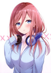 Rule 34 | 1girl, absurdres, blue cardigan, blue eyes, blush, buttons, cardigan, closed mouth, go-toubun no hanayome, hair between eyes, hand up, head tilt, headphones, headphones around neck, highres, lips, long hair, long sleeves, looking at viewer, nakano miku, pout, pouty lips, sakura hiyori, scan, shiny skin, shirt, simple background, sleeves past wrists, solo, white background, white shirt