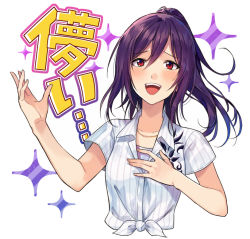Rule 34 | 1girl, :d, bang dream!, blush, catchphrase, collarbone, collared shirt, cropped torso, hair between eyes, half updo, hand on own chest, hand up, jewelry, long hair, necklace, open mouth, print shirt, purple hair, red eyes, sakaki kayumu, seta kaoru, shirt, short sleeves, smile, solo, sparkle, striped clothes, striped shirt, tied shirt, upper body, vertical-striped clothes, vertical-striped shirt, white background, white shirt