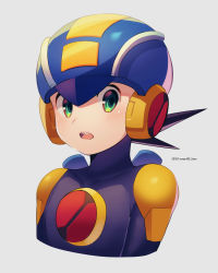 Rule 34 | 1boy, artist name, blue headwear, blush, bodysuit, commentary request, covered collarbone, cropped torso, dated, green eyes, grey background, helmet, highres, looking at viewer, male focus, mega man (series), mega man battle network, mega man battle network (series), megaman.exe, netnavi, open mouth, short hair, simple background, solo, teeth, twitter username, upper body, upper teeth only, zero-go